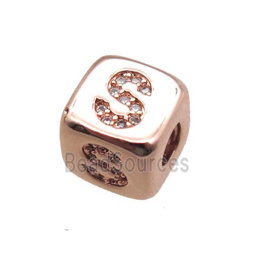 copper letter-S beads paved zircon, cube, rose gold