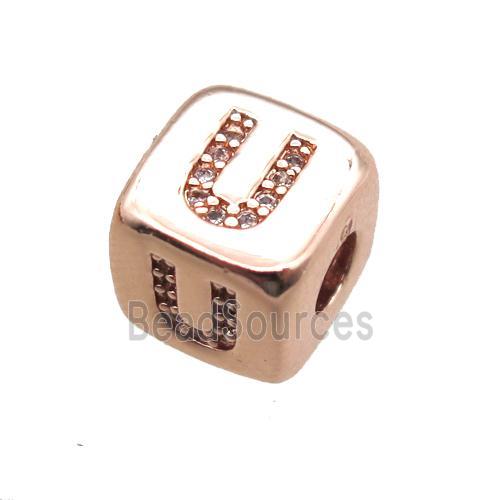 copper letter-U beads paved zircon, cube, rose gold