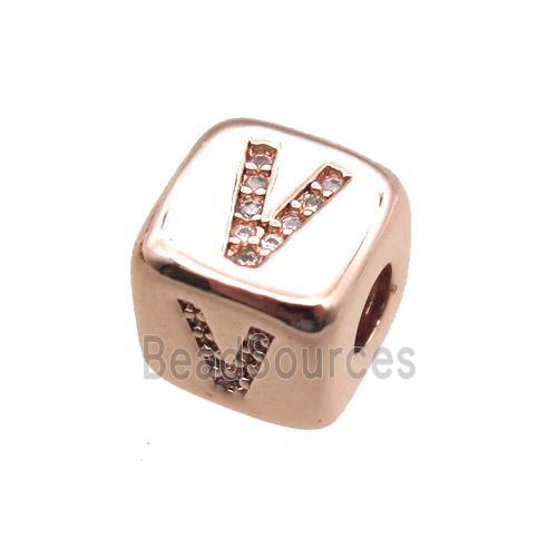 copper letter-V beads paved zircon, cube, rose gold