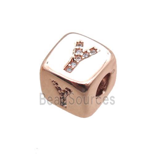 copper letter-Y beads paved zircon, cube, rose gold