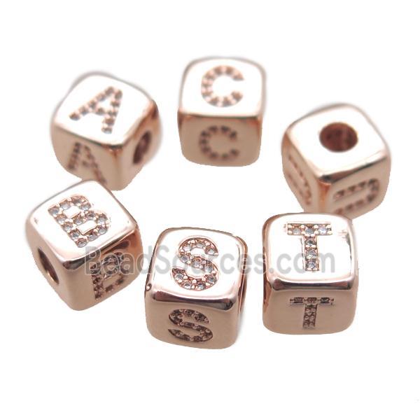 copper letter cube beads paved zircon, mixed alphabet, large hole, rose gold