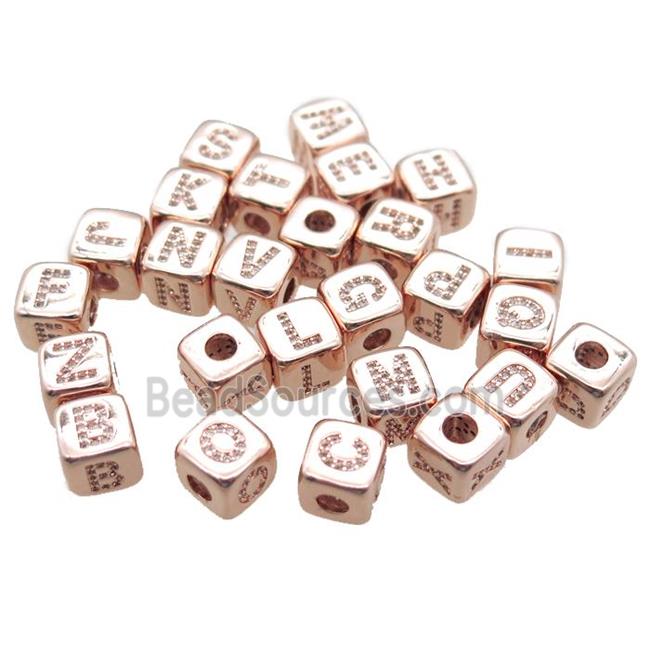 copper letter cube beads paved zircon, mixed alphabet, large hole, rose gold