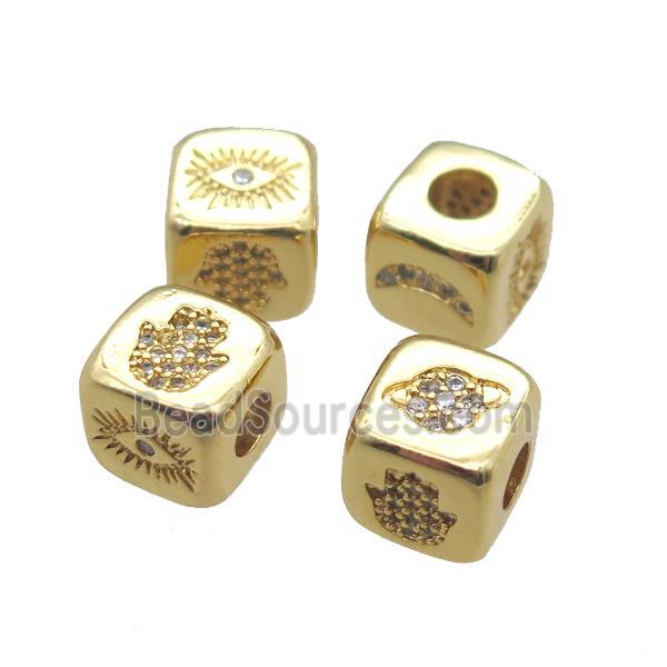 copper cube beads paved zircon, large hole, gold plated