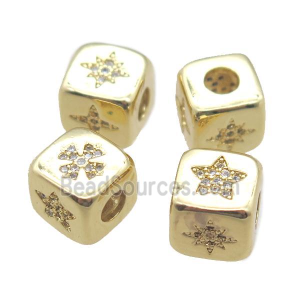 copper cube beads paved zircon, large hole, gold plated