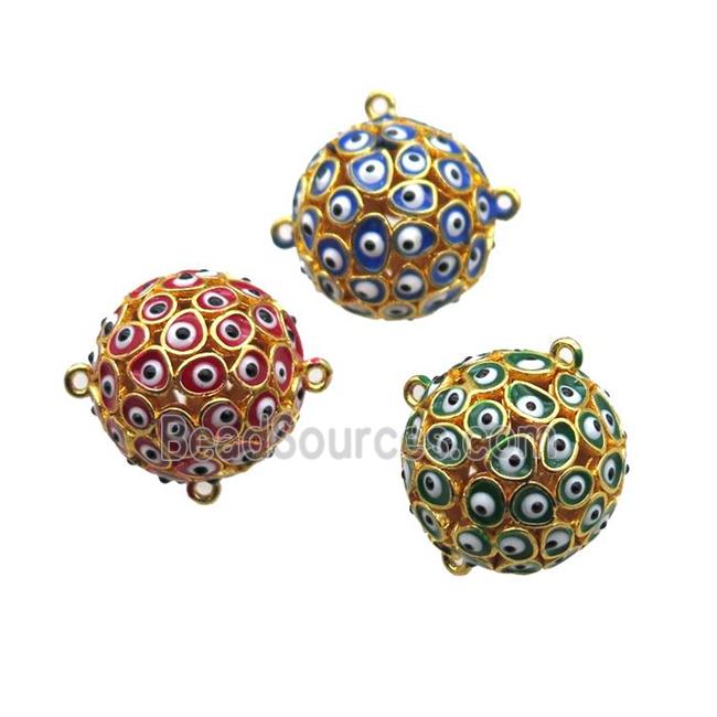 enameling copper hollow round connector with evail eye, mixed color, gold plated