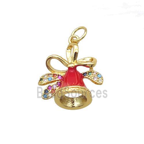 copper Christmas Bell pendant paved zircon, gold plated