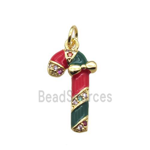 copper Candy Cane pendant paved zircon, gold plated