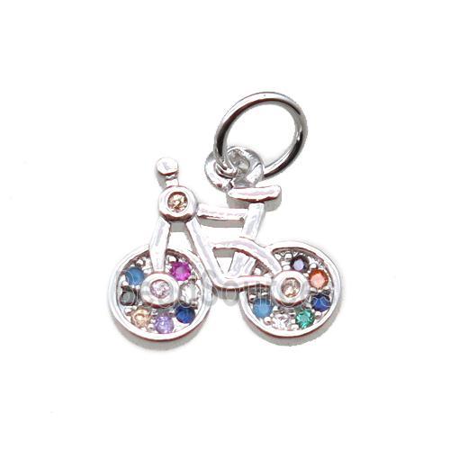 copper bicycle charm pendant paved zircon, platinum plated