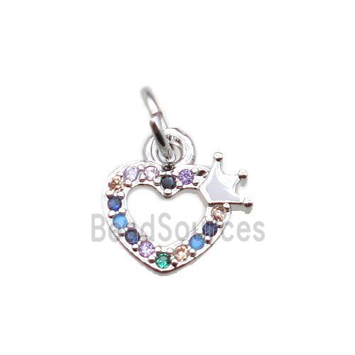 copper crown heart pendant paved zircon, platinum plated