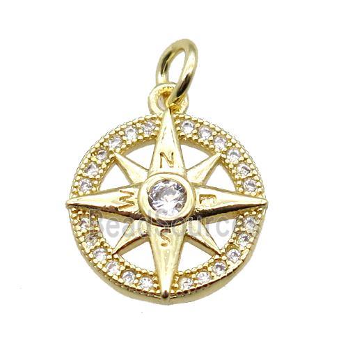 copper Compass pendant paved zircon, gold plated