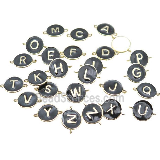 black enameling copper letter connector, mixed Alphabet, gold plated