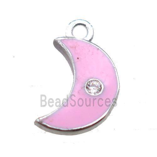 pink enameling copper moon pendant paved zircon, platinum plated