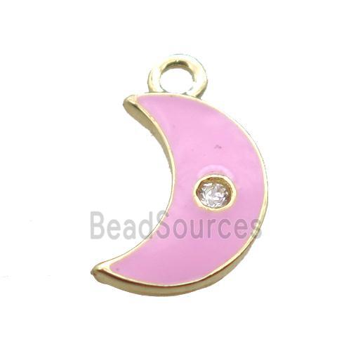 pink enameling copper moon pendant paved zircon, gold plated