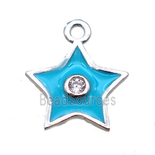 aqua enameling copper star pendant paved zircon, platinum plated