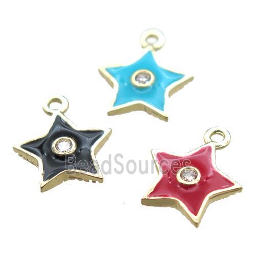 enameling copper star pendant paved zircon, mixed color, gold plated