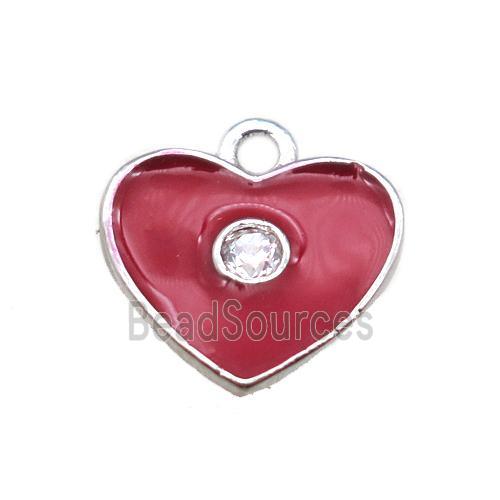 red enameling copper heart pendant paved zircon, platinum plated