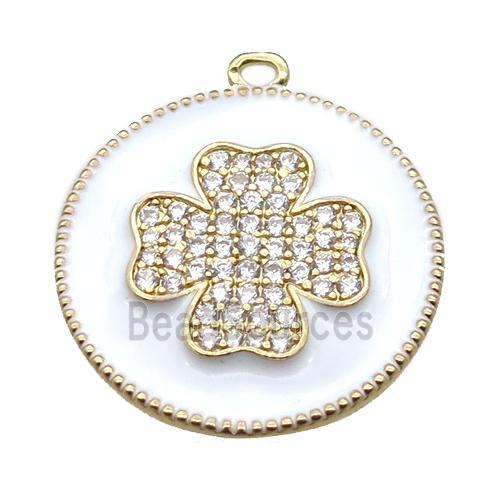 copper clover pendant pave zircon with white enameling, gold plated