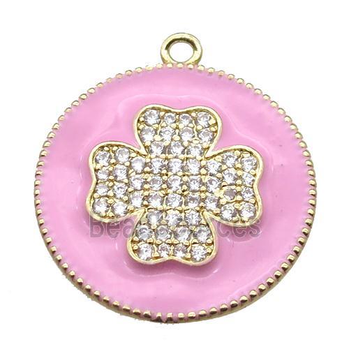 copper clover pendant pave zircon with pink enameling, gold plated