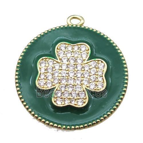 copper clover pendant pave zircon with green enameling, gold plated