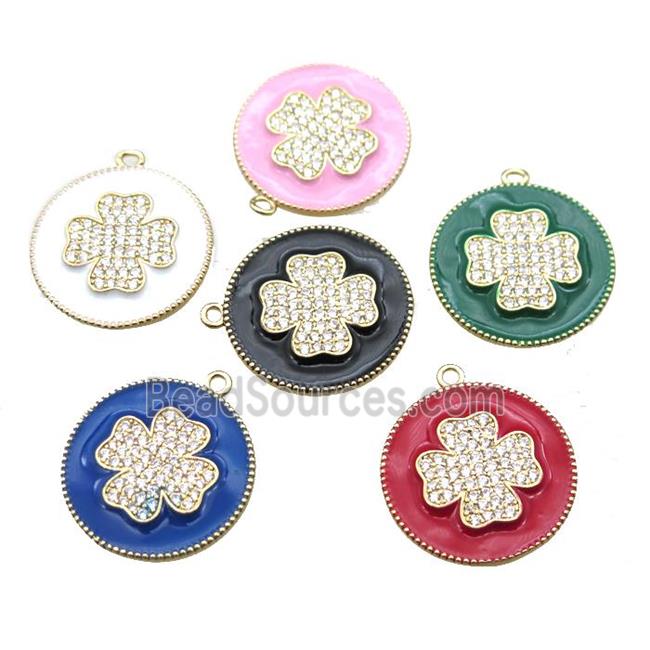 copper clover pendant pave zircon with enameling, mix color, gold plated