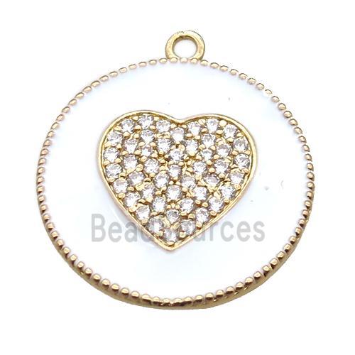 copper heart pendant pave zircon with white enameling, gold plated