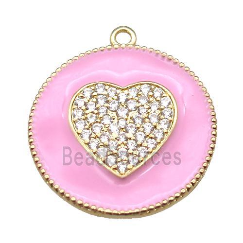 copper heart pendant pave zircon with pink enameling, gold plated