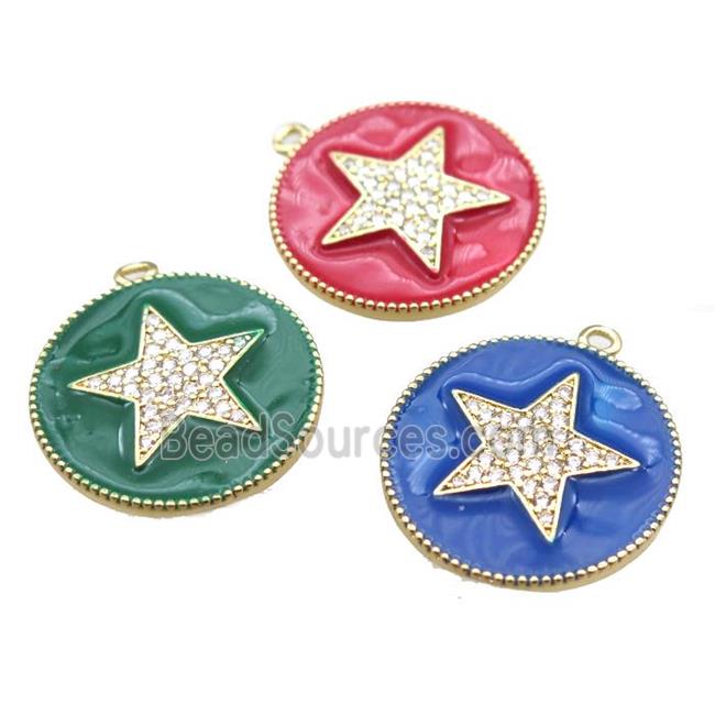 copper star pendant pave zircon with enameling, mixed color, gold plated