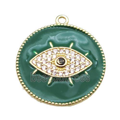 copper eye pendant pave zircon with green enameling, gold plated