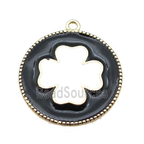 copper clover pendant with black enameling, gold plated