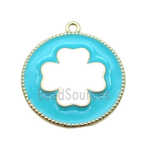 copper clover pendant with aqua enameling, gold plated