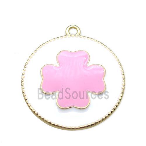 copper clover pendant with pink enameling, gold plated