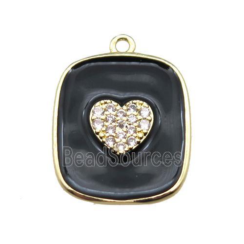 copper heart pendant pave zircon with black enameling, gold plated