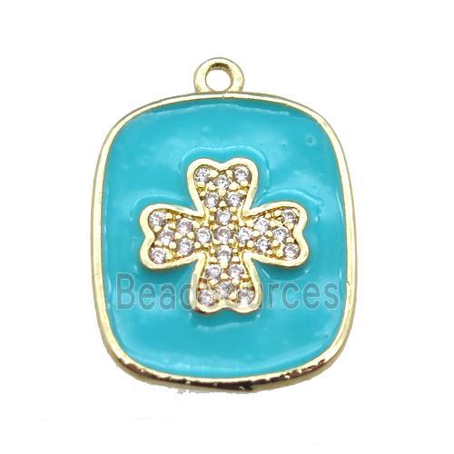 copper clover pendant pave zircon with aqua enameling, gold plated