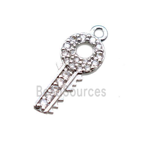 copper key pendant paved zircon, platinum plated