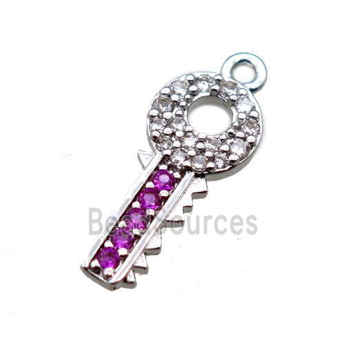 copper key pendant paved zircon, platinum plated