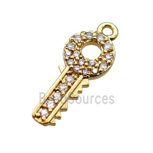 copper key pendant paved zircon, gold plated