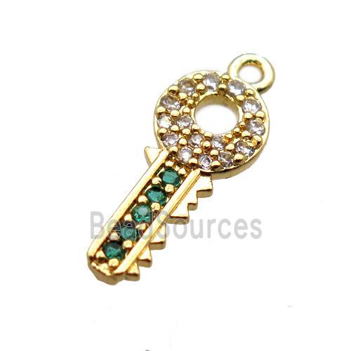 copper key pendant paved zircon, gold plated