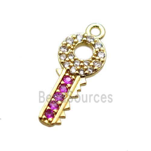 copper key pendant paved zircon, gold plated