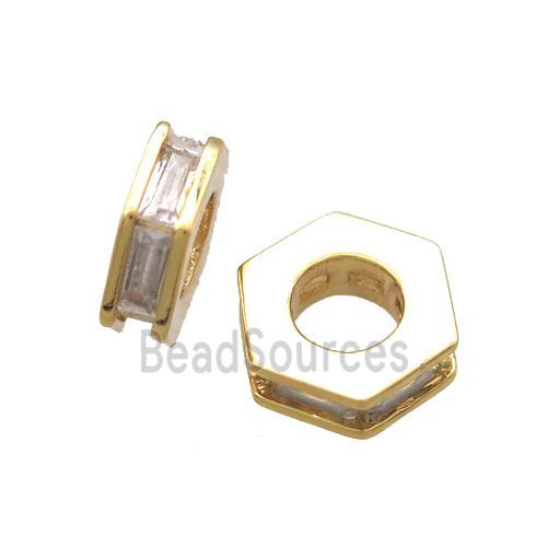 copper hexagon beads paved zircon, gold plated