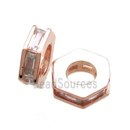 copper hexagon beads paved zircon, rose gold