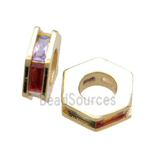 copper hexagon beads paved zircon, gold plated