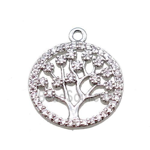 copper pendant paved zircon, tree of life, platinum plated