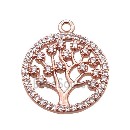 copper pendant paved zircon, tree of life, rose gold