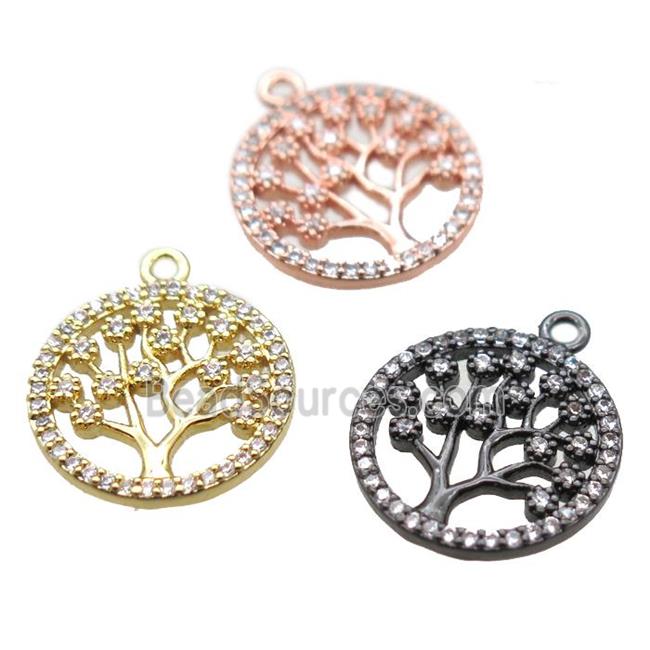 copper pendant paved zircon, tree of life, mixed color