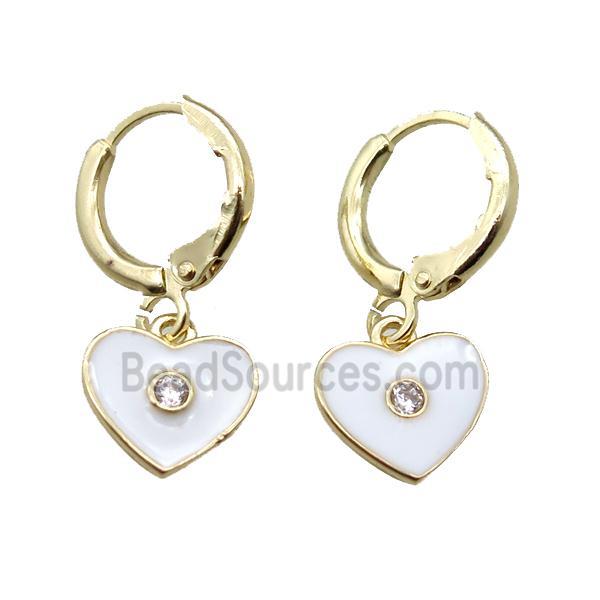 copper Hoop Earrings paved zircon, white enameling heart, gold plated