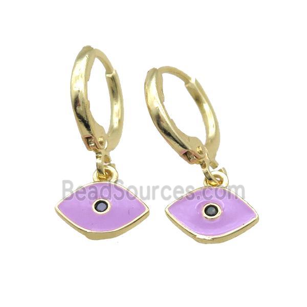 copper Hoop Earrings paved zircon, lavender enameling eye, gold plated