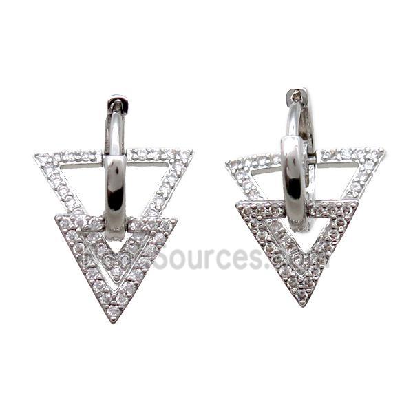 copper Hoop Earrings paved zircon, triangle, platinum plated