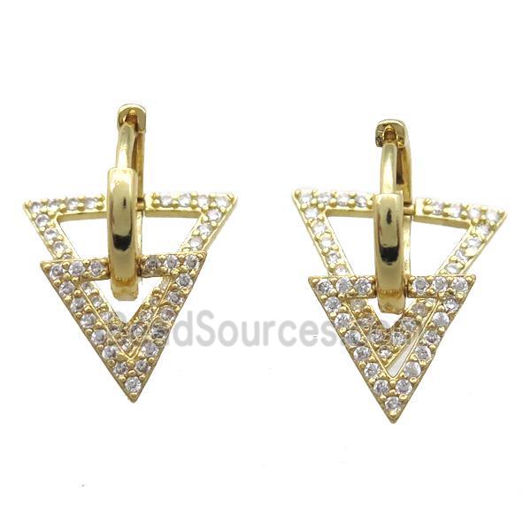 copper Hoop Earrings paved zircon, triangle, gold plated