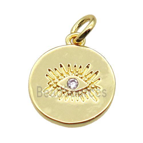 copper circle pendant paved zircon with eye, gold plated