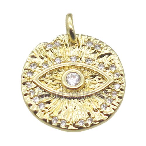 copper circle pendant paved zircon with eye, gold plated